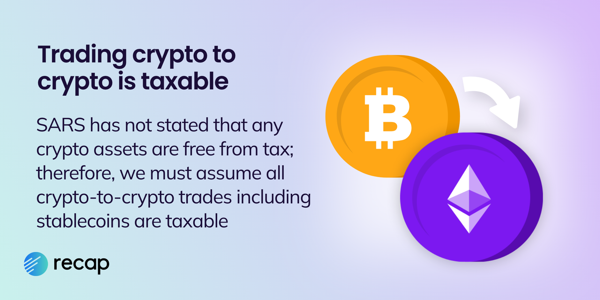 Infographic stating that trading crypto to crypto is taxable (including stablecoins)