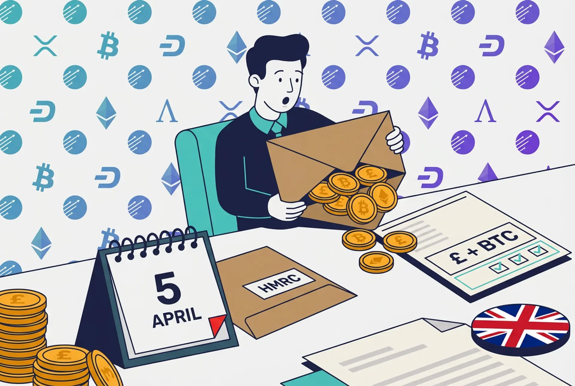 Narrative flat-vector scene of a UK office worker opening an oversized wage-packet envelope that pours out gold coins stamped £, Bitcoin and Ethereum glyphs instead of cash, with a payslip reading £ + BTC, a desk calendar reading 5 APRIL, a plain HMRC-labelled envelope (text only, no crest), and a Union Jack medallion on the desk.
