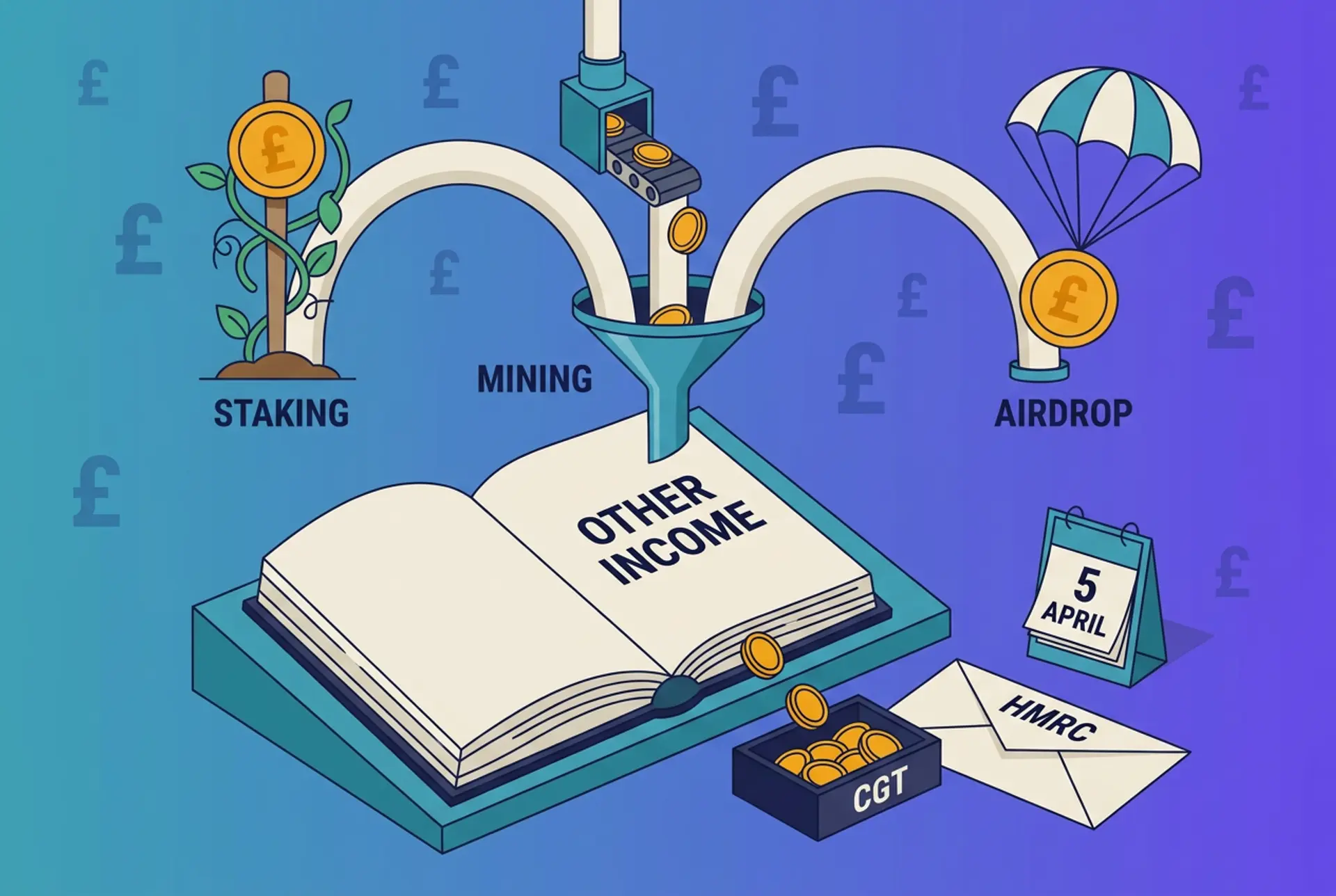 Narrative flat-vector illustration for a UK crypto passive income tax guide: three income streams — a staking vine coin, a mining-rig coin, and an airdrop parachute coin — converge into a funnel feeding an oversized ledger labelled OTHER INCOME, with a smaller CGT tray showing later capital gains tax on disposal, a plain text-only HMRC envelope, and a 5 April tax-year-end calendar, on Recap's house teal-to-violet gradient with a faint pound-sterling glyph pattern.