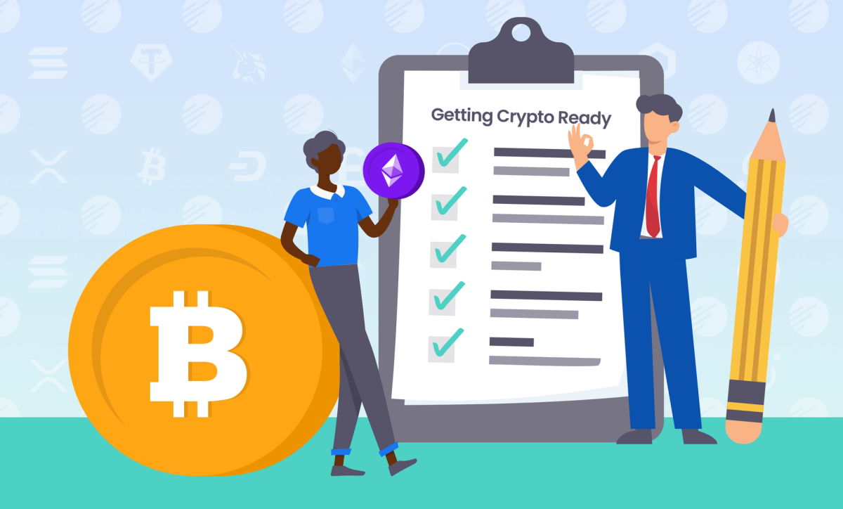 Illustration of a smart, suited male and female with a giant pencil and checklist for "getting crypto ready" with Bitcoin and Ethereum tokens.