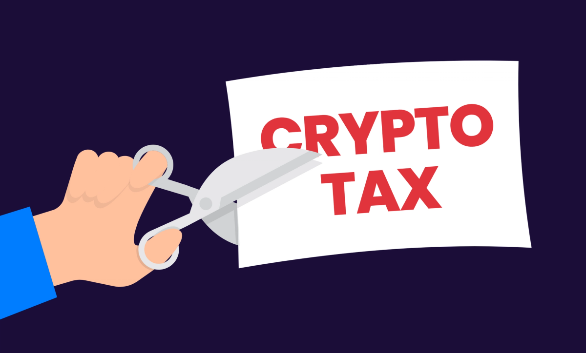 Illustration of a piece of paper saying crypto tax being cut with a pair of scissors.