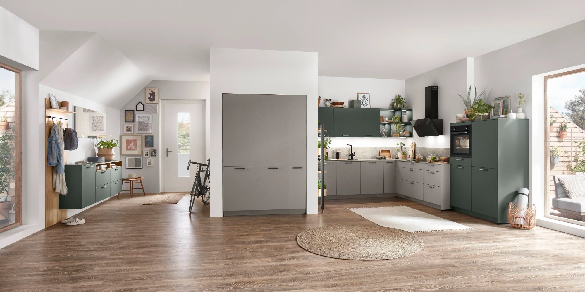 Nobilia Easytouch 970 L-keuken tweekleurig saliegroen en grijsgroen mat