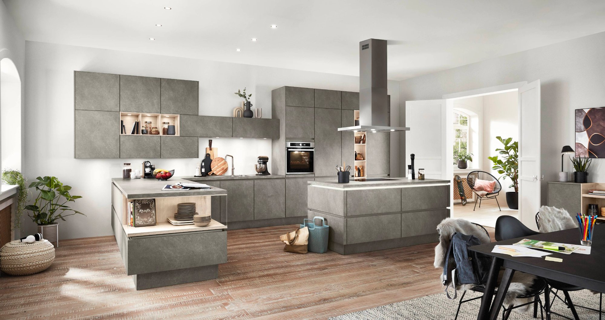 Nobilia StoneArt 305 eilandkeuken in betonlook grijs met plafondafzuigkap