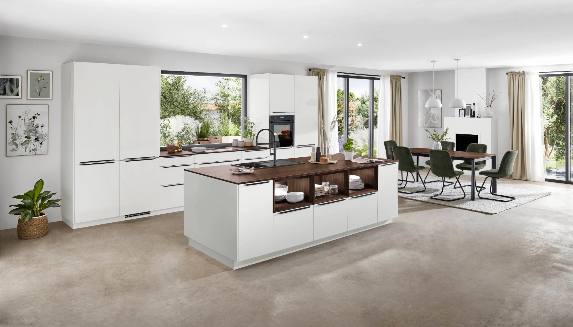 Nobilia Novalux 512 keuken in wit met walnoot eiland in open woonkeuken