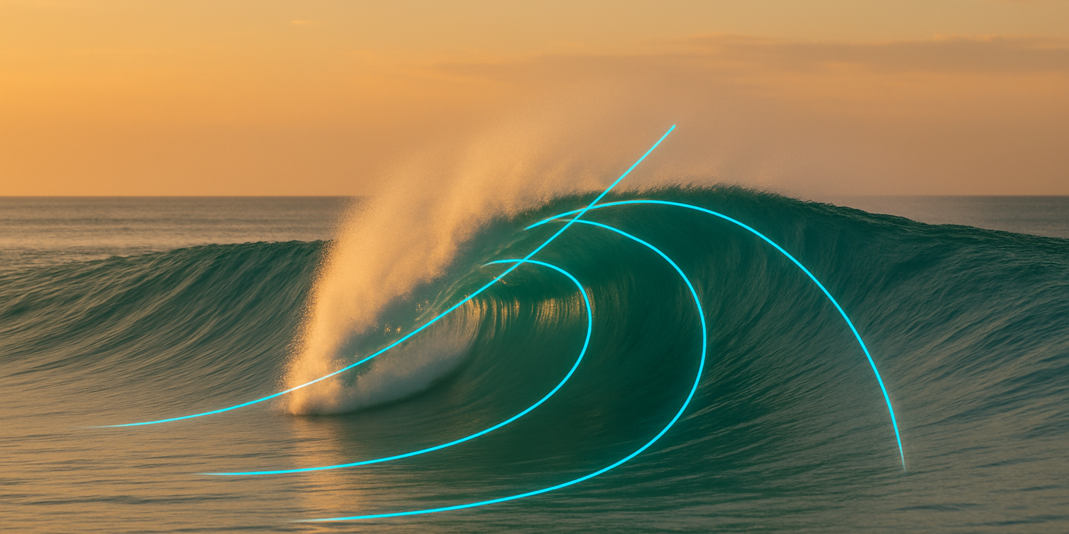 a wave in the ocean with a sunset in the background