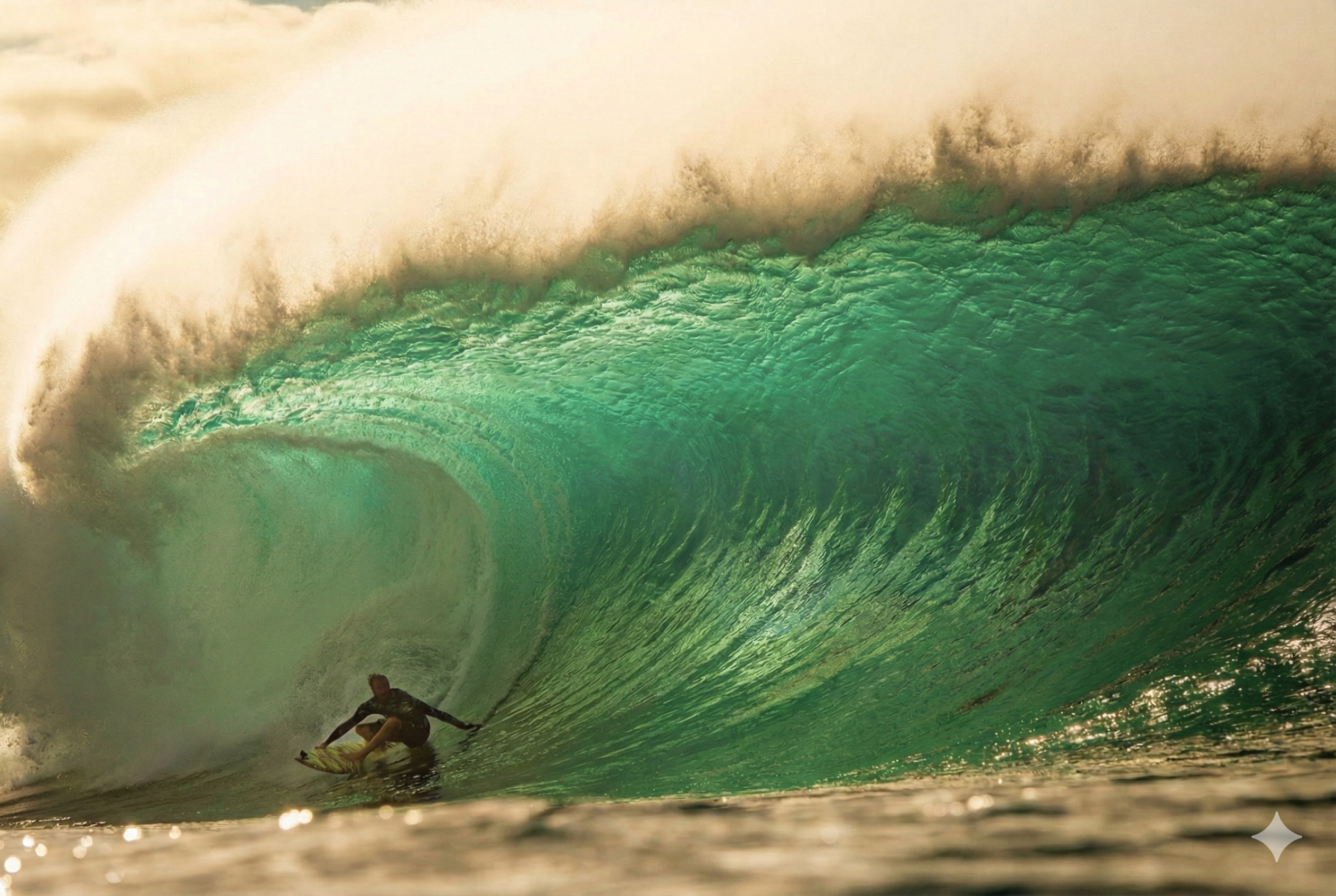 A surfer in a barrelling wave at the Pipeline