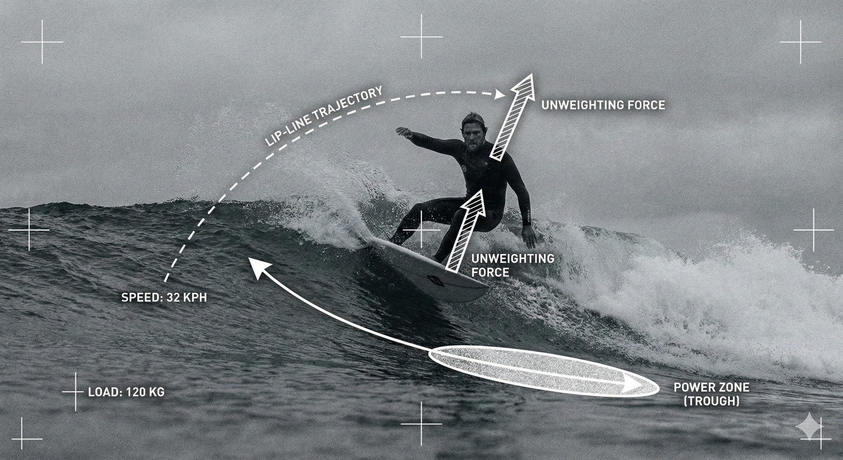 A gritty, high-contrast telephoto photograph of a powerful surfer executing a critical bottom turn projection on a moody, six-foot wave face.