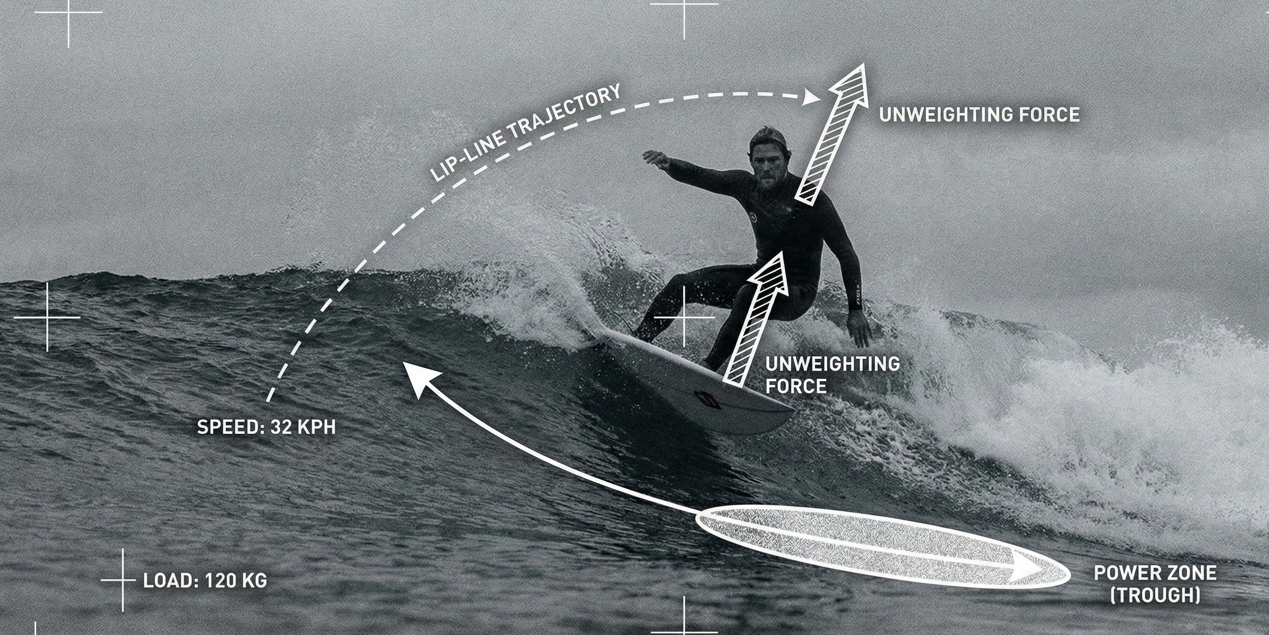 A gritty, high-contrast telephoto photograph of a powerful surfer executing a critical bottom turn projection on a moody, six-foot wave face.