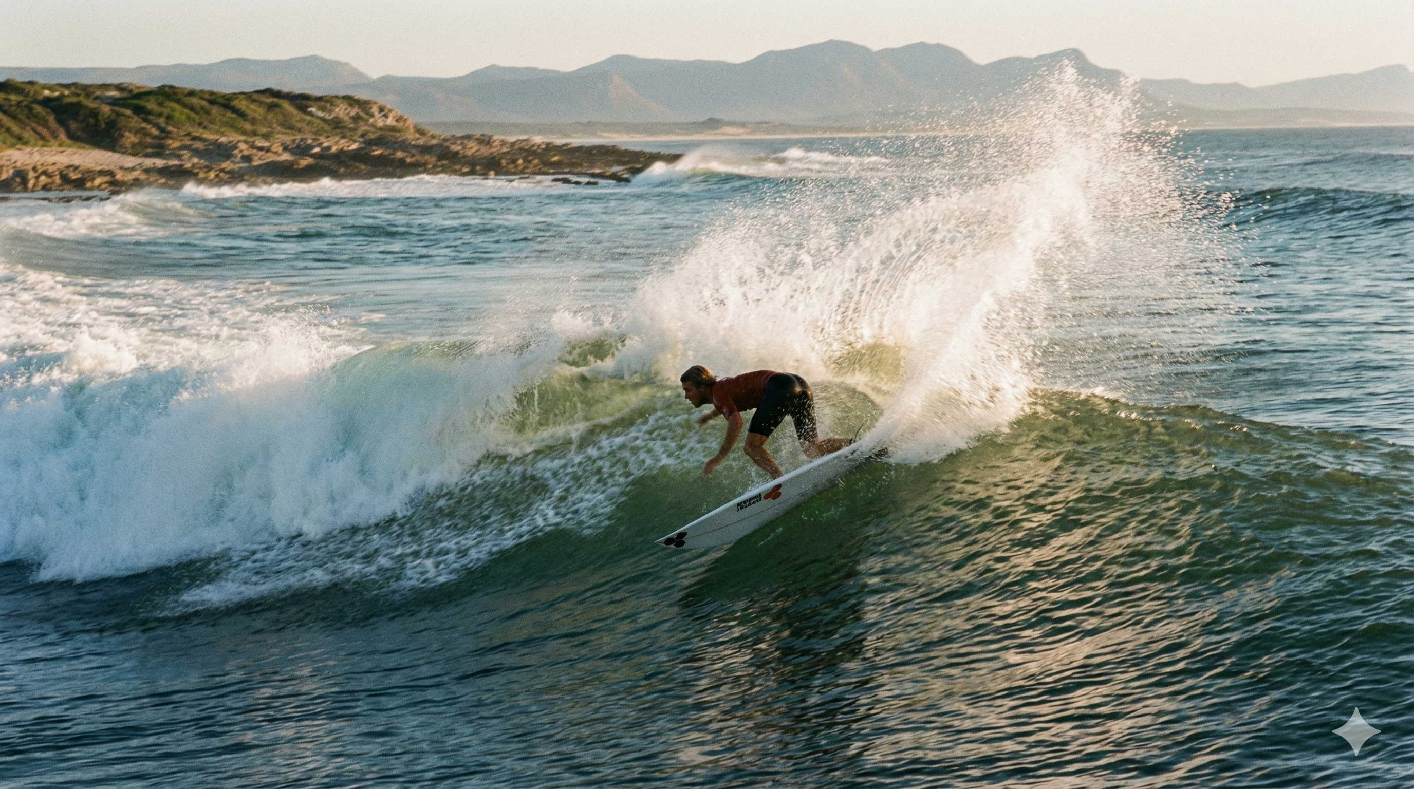A surfer performing a carve with a lot of speed