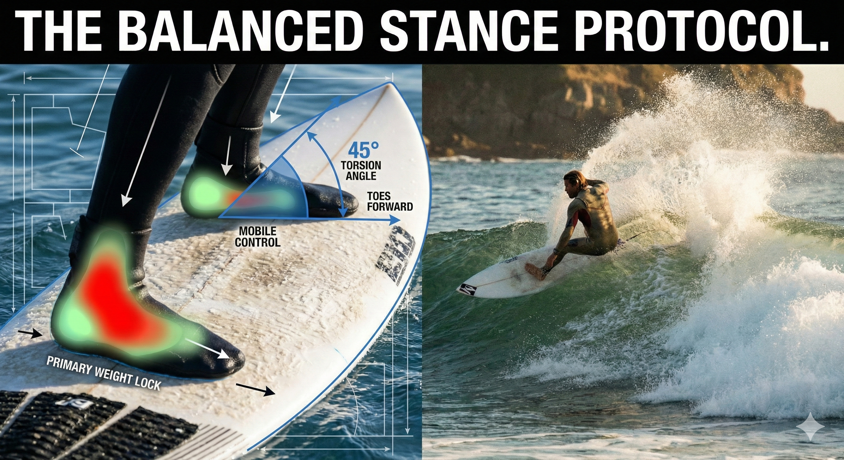 A split-screen technical diagram and action photograph for a surfing masterclass