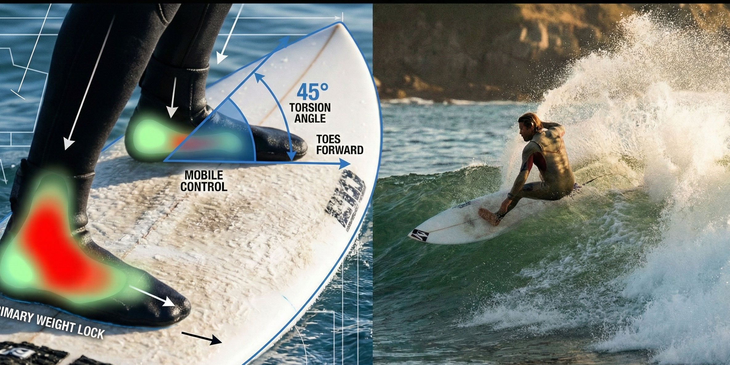 A split-screen technical diagram and action photograph for a surfing masterclass
