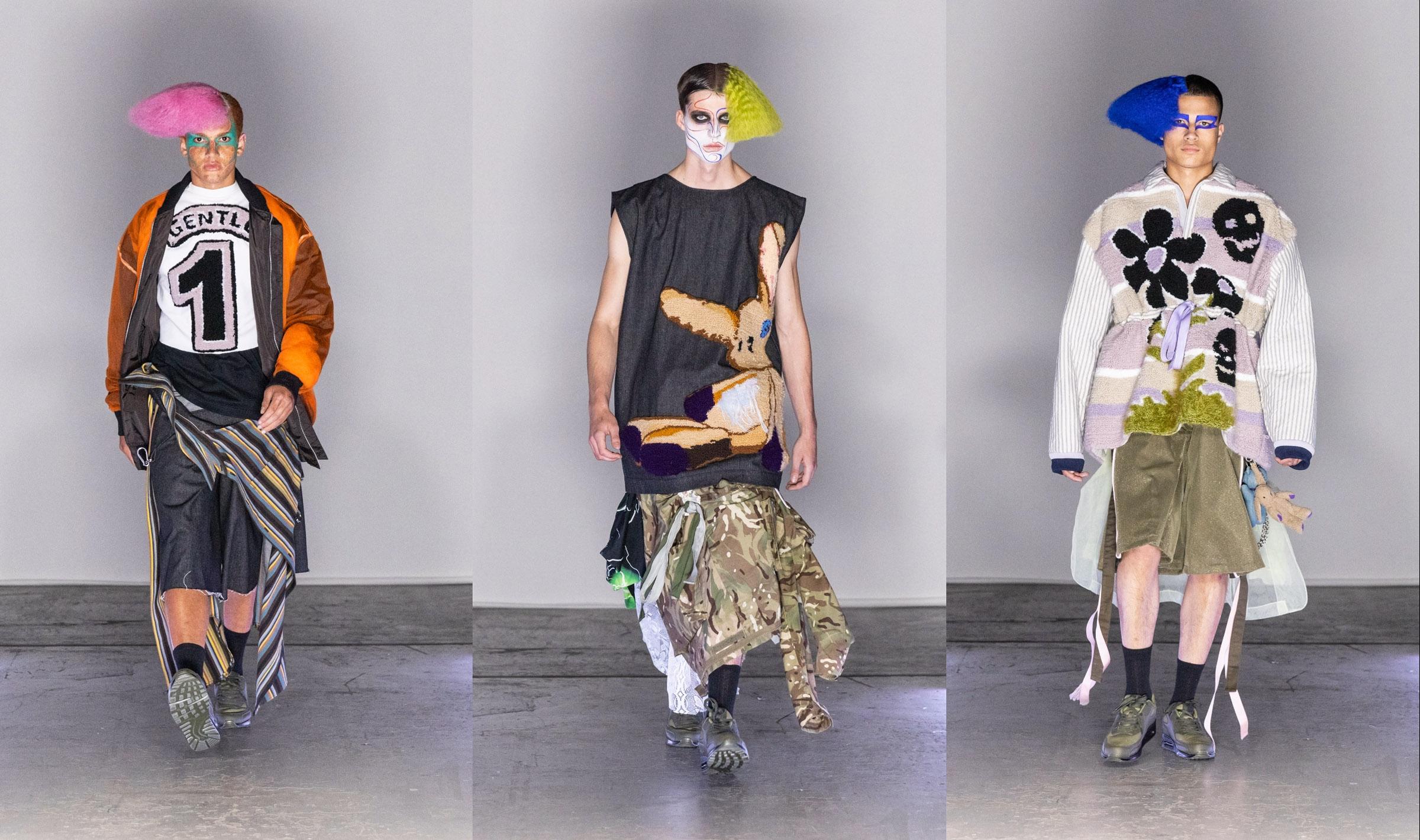 Fashion Student Catwalk Show. Tripytch of photographs of men walking along the runway.