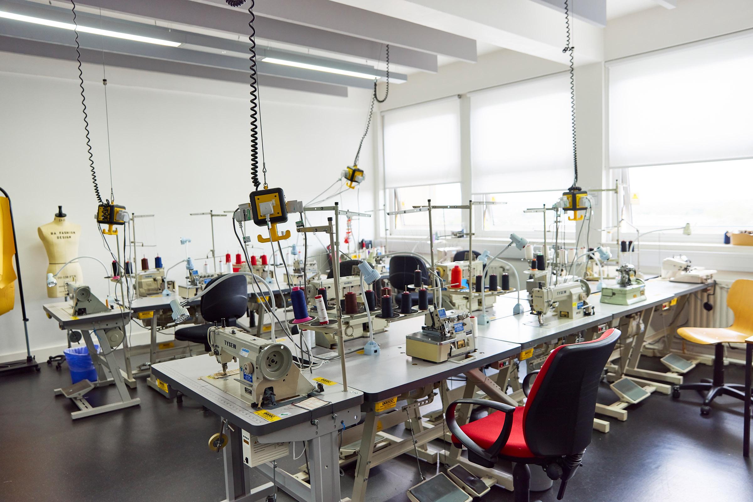 Sewing machines within the fashion studios at Harrow Campus