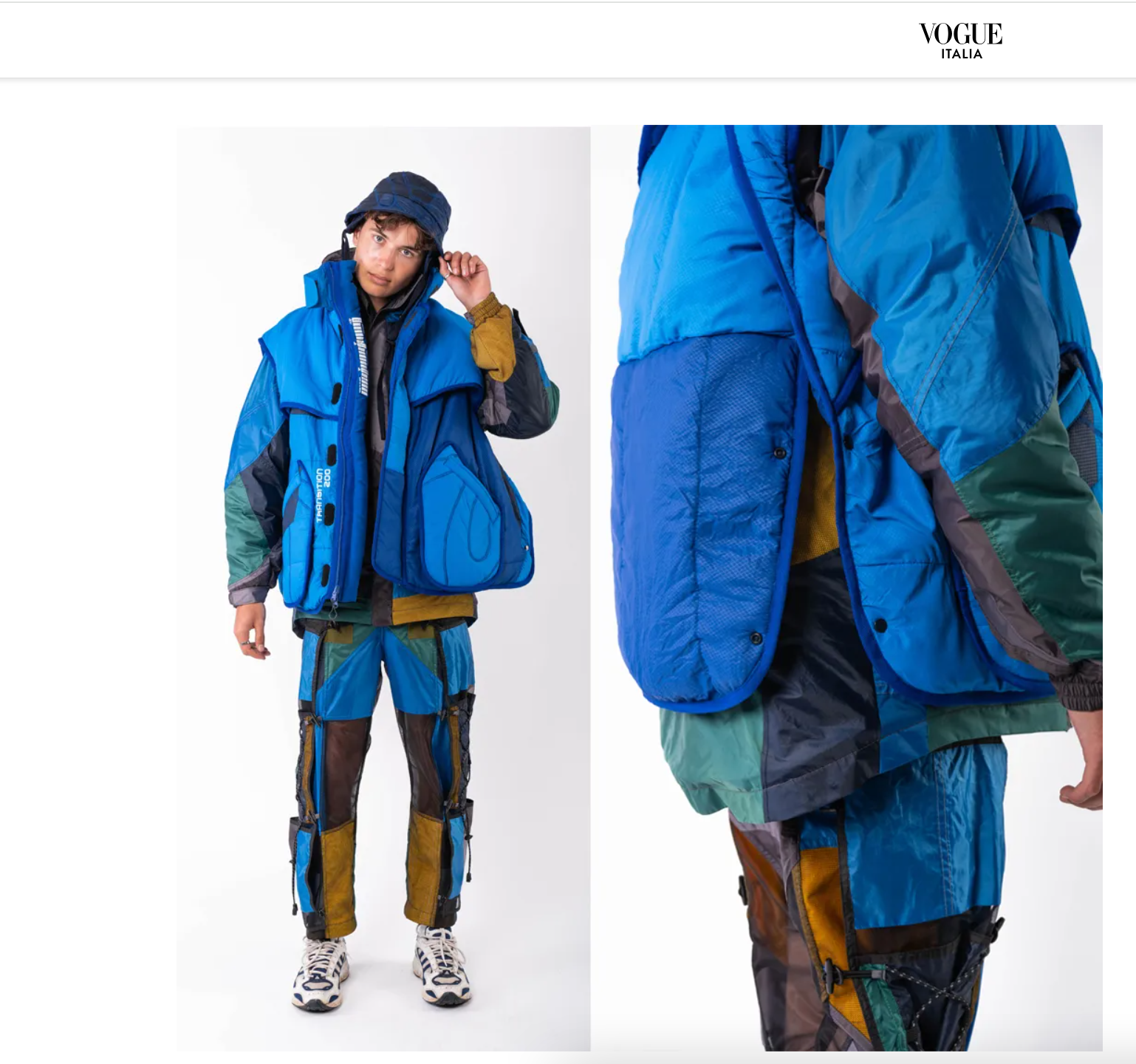 Photograph of a man wearing a garment made out of sleeping bags. Sustainable Fashion Project by Molly Sellars