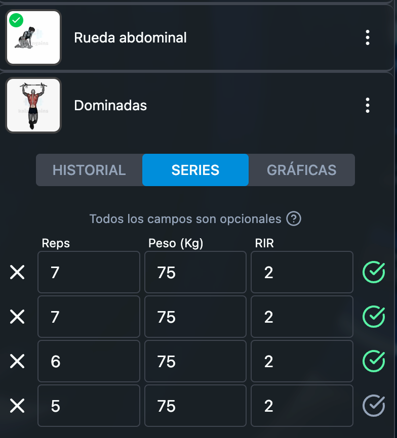 Registro de series completadas con un check verde en la App de Kaizengains Registro de series completadas con un check verde en la App de Kaizengains
