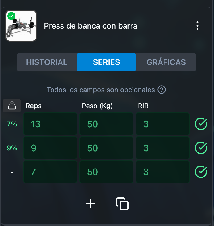 Ejercicio y sus series en la app de Kaizengains Ejercicio y sus series en la app de Kaizengains