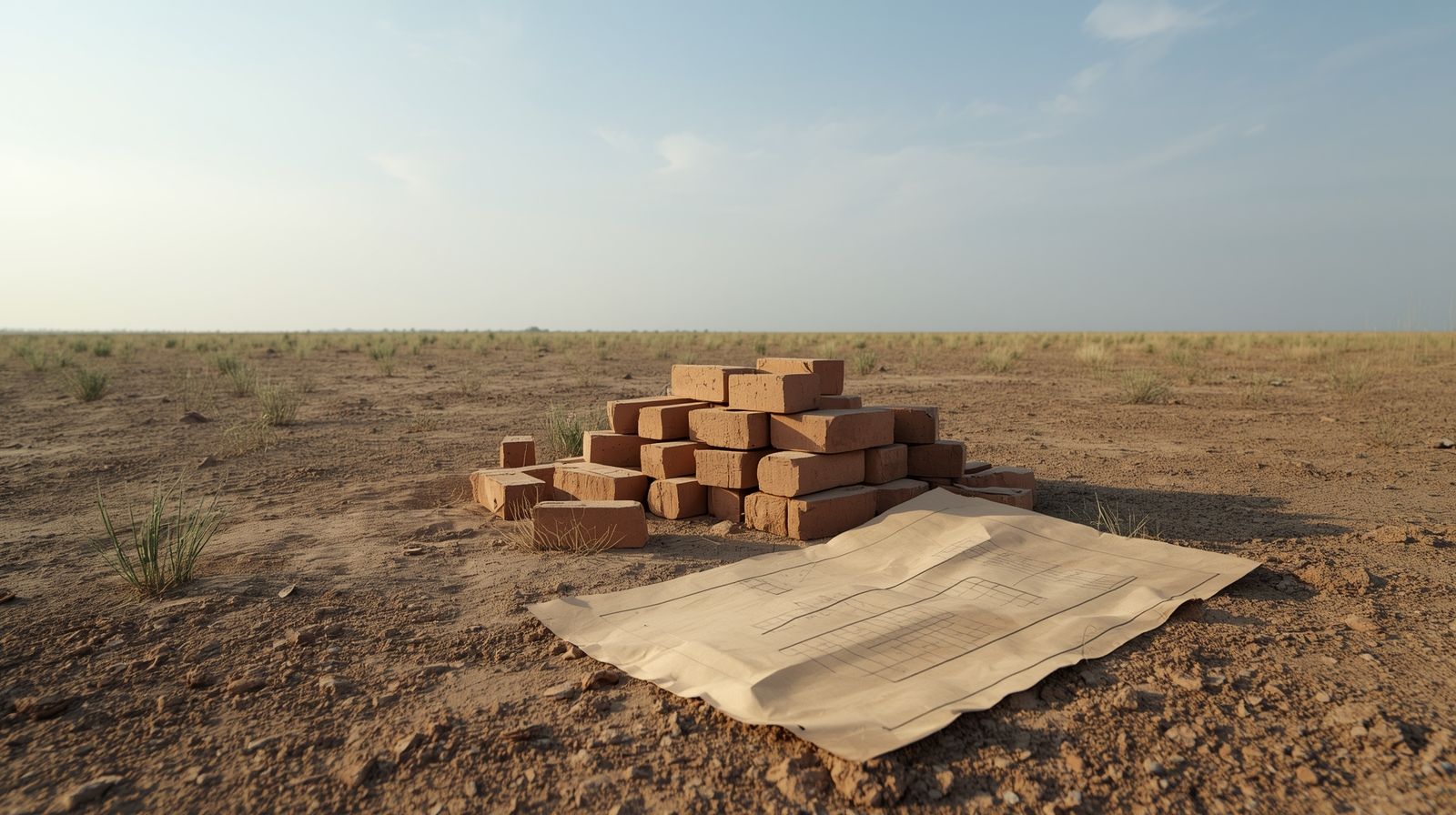 Ladrillos de construcción y un plano Ladrillos de construcción y un plano
