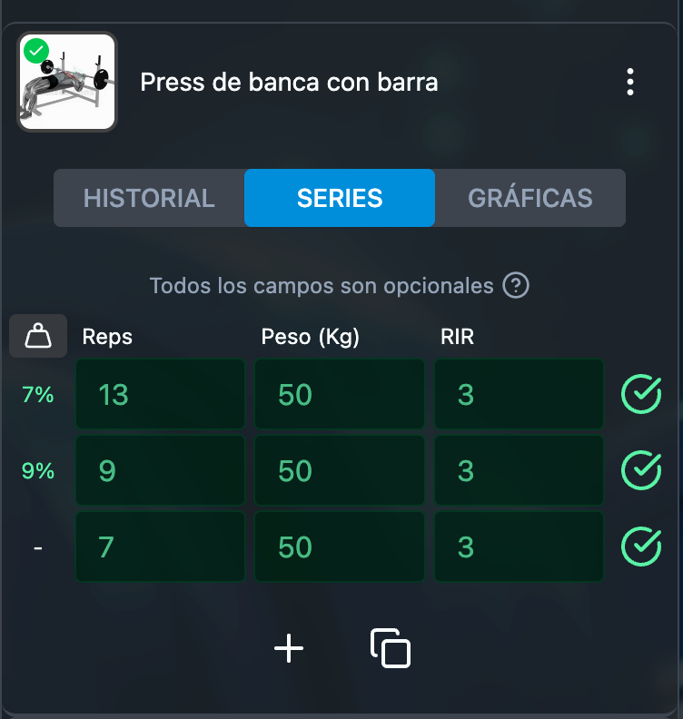 Ejercicio y series en app de Kaizengains