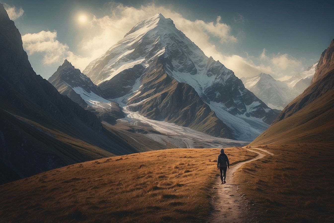 Una persona caminando por un largo sendero hacia una montaña nevada a lo lejos Una persona caminando por un largo sendero hacia una montaña nevada a lo lejos