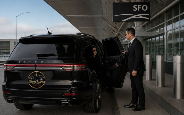 Professional chauffeur assisting a passenger beside a black Lincoln Aviator at San Francisco International Airport (SFO).