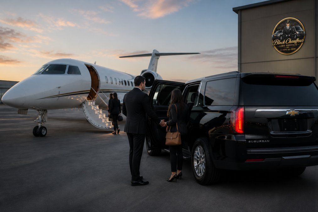 Professional chauffeur assisting a female passenger into a Chevrolet Suburban beside a private jet