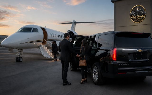 Professional chauffeur assisting a female passenger into a Chevrolet Suburban beside a private jet