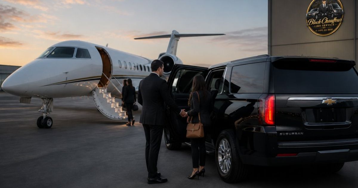 Professional chauffeur assisting a female passenger into a Chevrolet Suburban beside a private jet