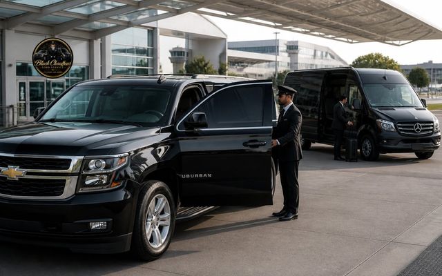 Black chauffeured vehicle providing pre-arranged transportation at SJC Airport