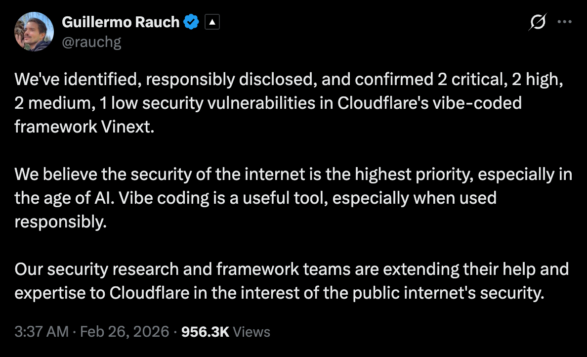 Screenshot of Guillermo Rauch's tweet on Vinext