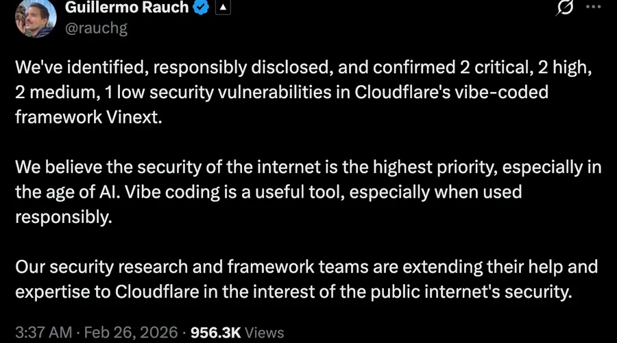 Screenshot of Guillermo Rauch's tweet on Vinext