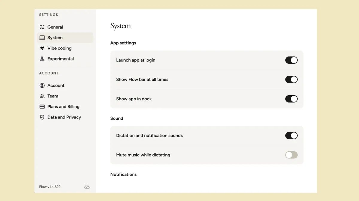 Wispr Flow system settings showing launch, Flow Bar, and sound preferences