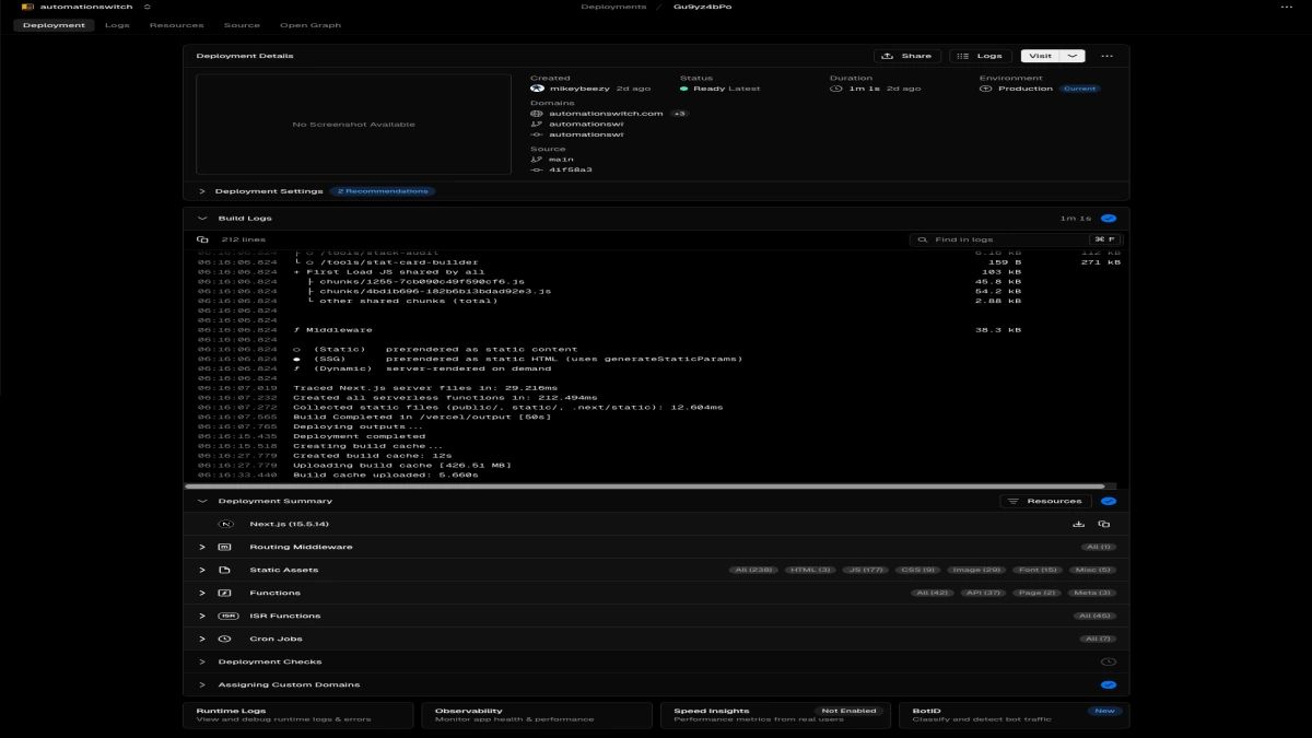 Vercel deployment detail showing build logs for a specific deployment with Next.js bundle output, static/SSG/dynamic markers, and 50s build time.