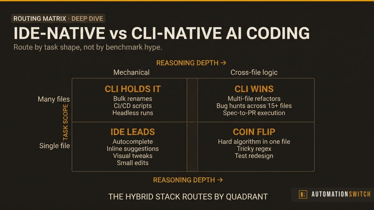 Routing pattern decision matrix showing IDE for flow tasks and CLI for depth tasks, the takeaway from the IDE-native vs CLI-native deep dive