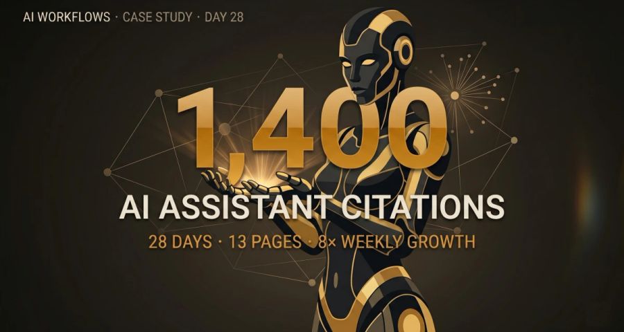 Editorial hero card showing 1,400 AI assistant citations earned by Automation Switch in 28 days from launch, with subtitles indicating the 8x weekly growth and 17 grounding query topics.