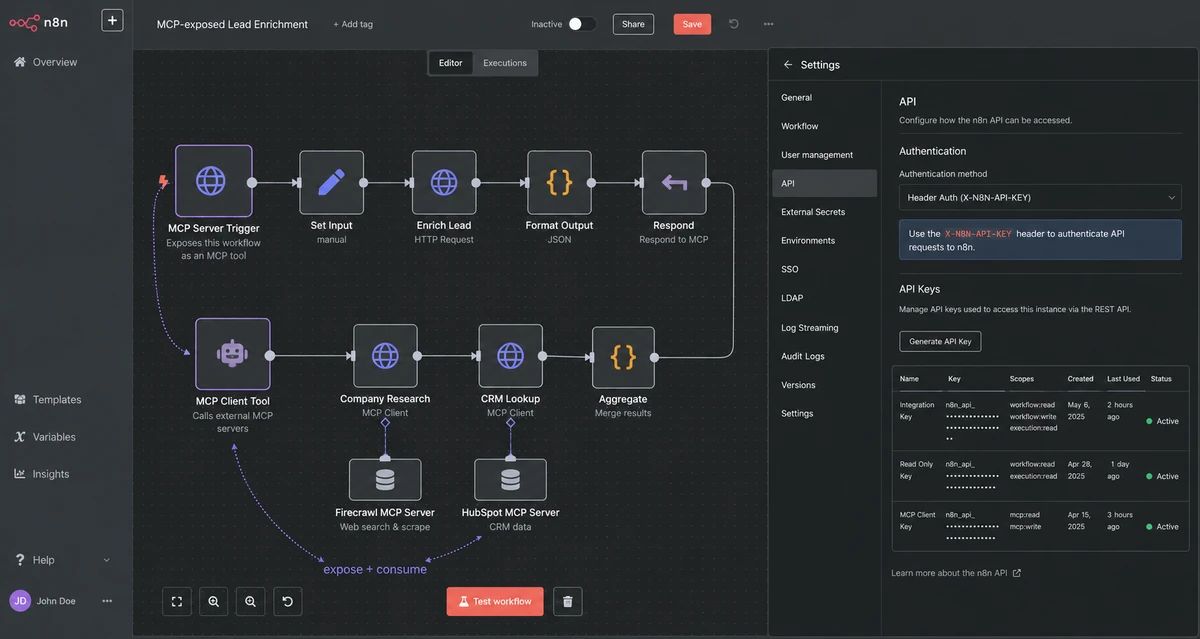 n8n workflow editor showing the MCP Server Trigger node alongside the MCP Client Tool node, demonstrating that n8n can both expose and consume MCP from the same workflow on the X-N8N-API-KEY surface