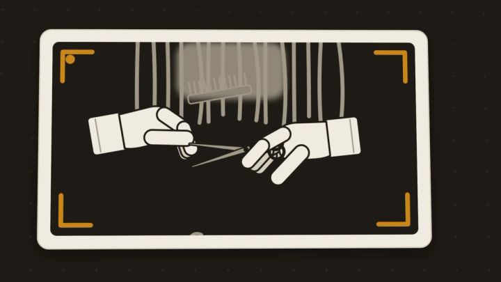 Illustration from the Automation Switch film: a camera viewfinder shows two hands cutting hair with scissors, the client blurred out above them.