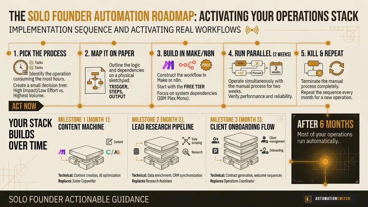 90-day build sequence for the solo founder automation stack: start with the highest-cost workflow, build one automation at a time, run alongside manual for two weeks before cutting over