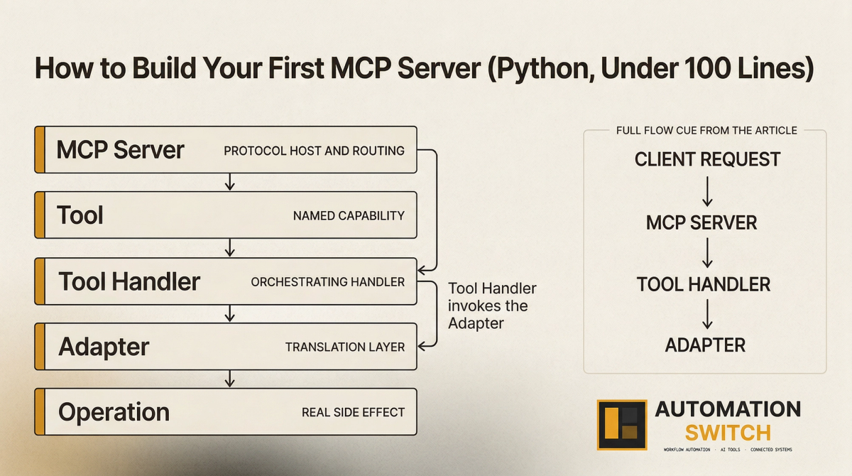 Concept diagram: the five-layer MCP server model from server to tool handler, adapter, and operation.
