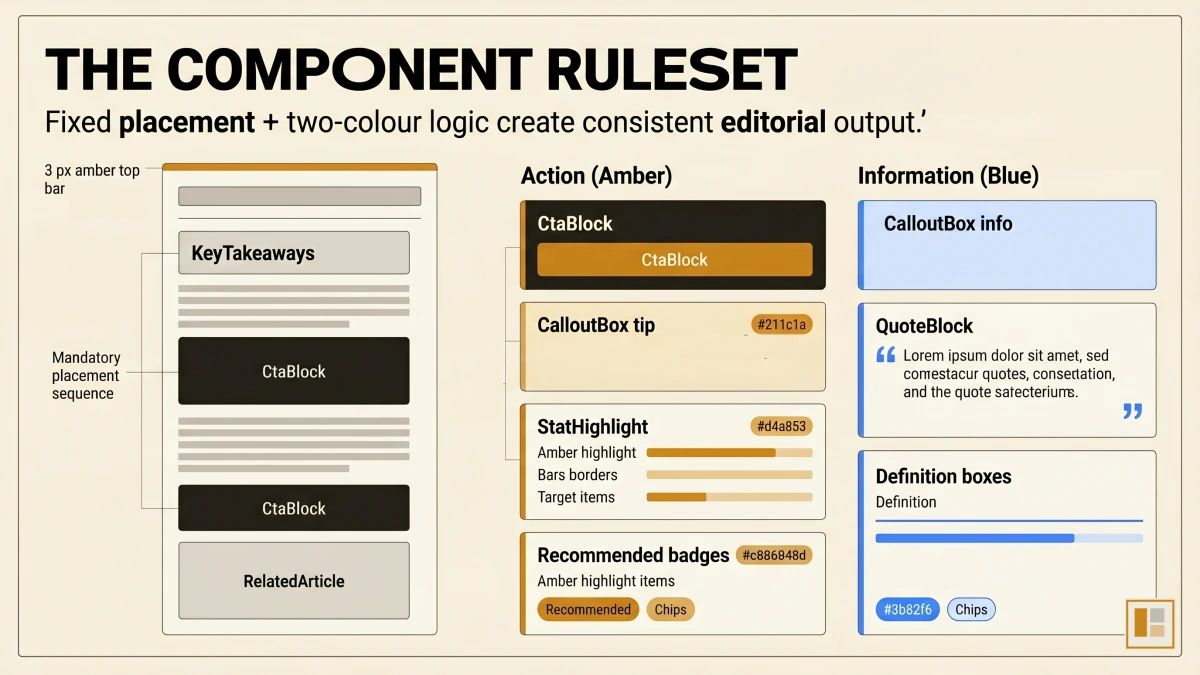 The two-colour constraint visualised: amber (#c8861a) for action-oriented components (CTA buttons, tip callouts, stat highlights) and blue (#3b82f6) for information-oriented components (info callouts, quote blocks), shown across all 13 component variants