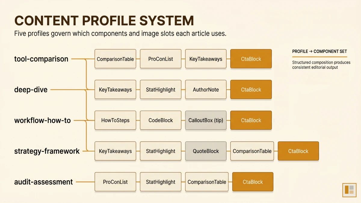 Five content profiles (tool-comparison, deep-dive, workflow-how-to, strategy-framework, audit-assessment) mapped to their required components and image slots, showing how each profile determines article structure