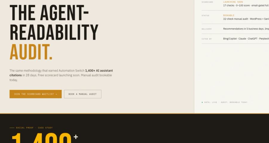 Claude Design high-fidelity output of the Agent-Readability Audit landing page rendered in the Automation Switch design system, showing the 1,400+ AI assistant citations stat and scorecard glance card.