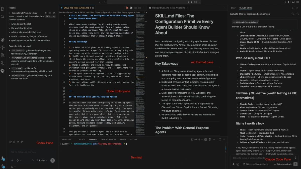 Three-panel diagram showing the IDE-native, hybrid, and CLI-native locations where AI agents run in a developer workflow
