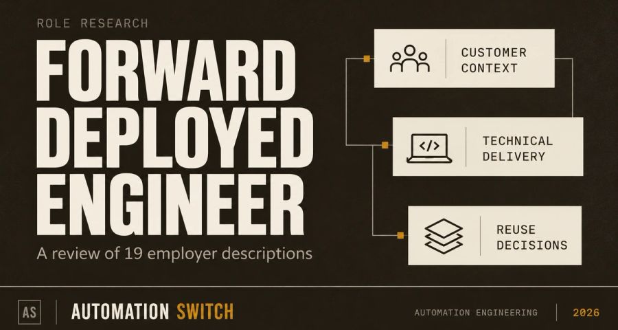 FDE research graphic linking customer context, technical delivery and reuse decisions, introducing a review of 19 employer descriptions.