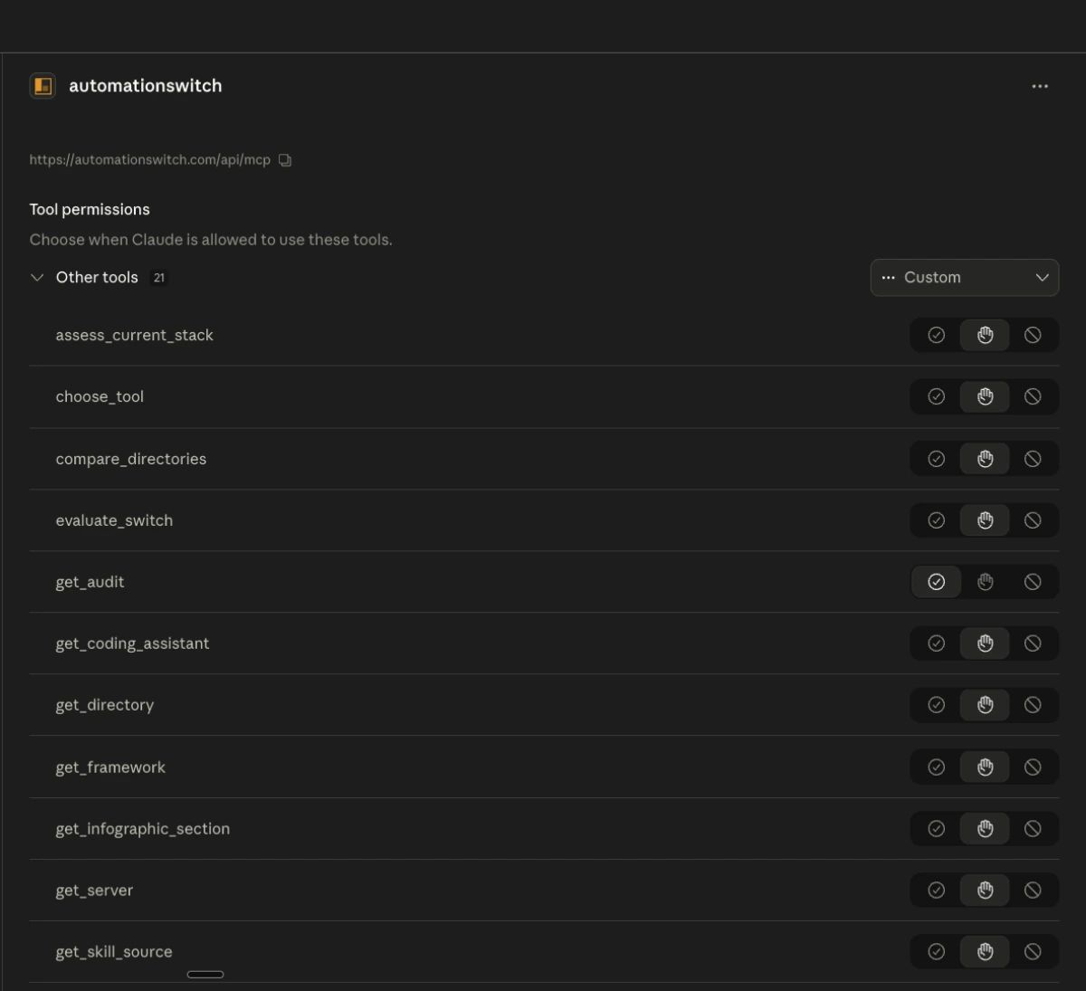 Claude Desktop tool permissions panel for the automationswitch MCP endpoint, showing 21 tools the agent layer can call.