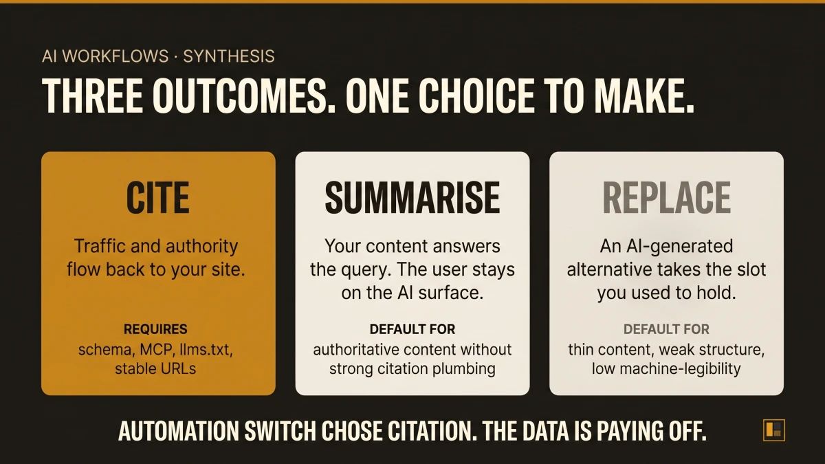 Three-card synthesis visual showing the three outcomes when AI assistants read your content: CITE (traffic and authority flow back, requires schema and MCP), SUMMARISE (your content answers the query but the user stays on the AI surface), REPLACE (an AI-generated alternative takes the slot you used to hold). The CITE card is highlighted in amber as the Automation Switch choice.