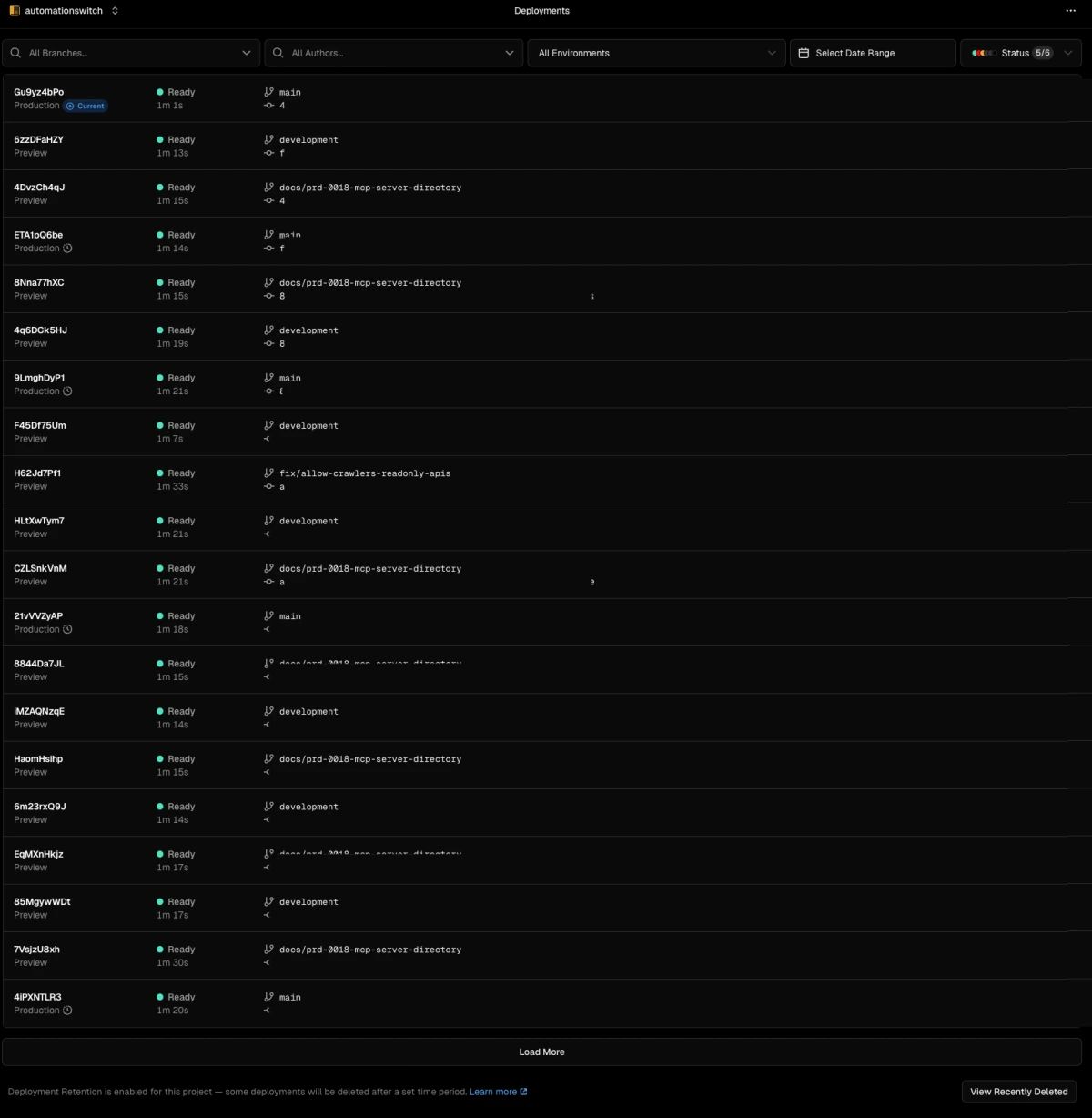 Vercel deployment history showing a series of successful deployments with approximately one-minute build times and Ready status on every entry.