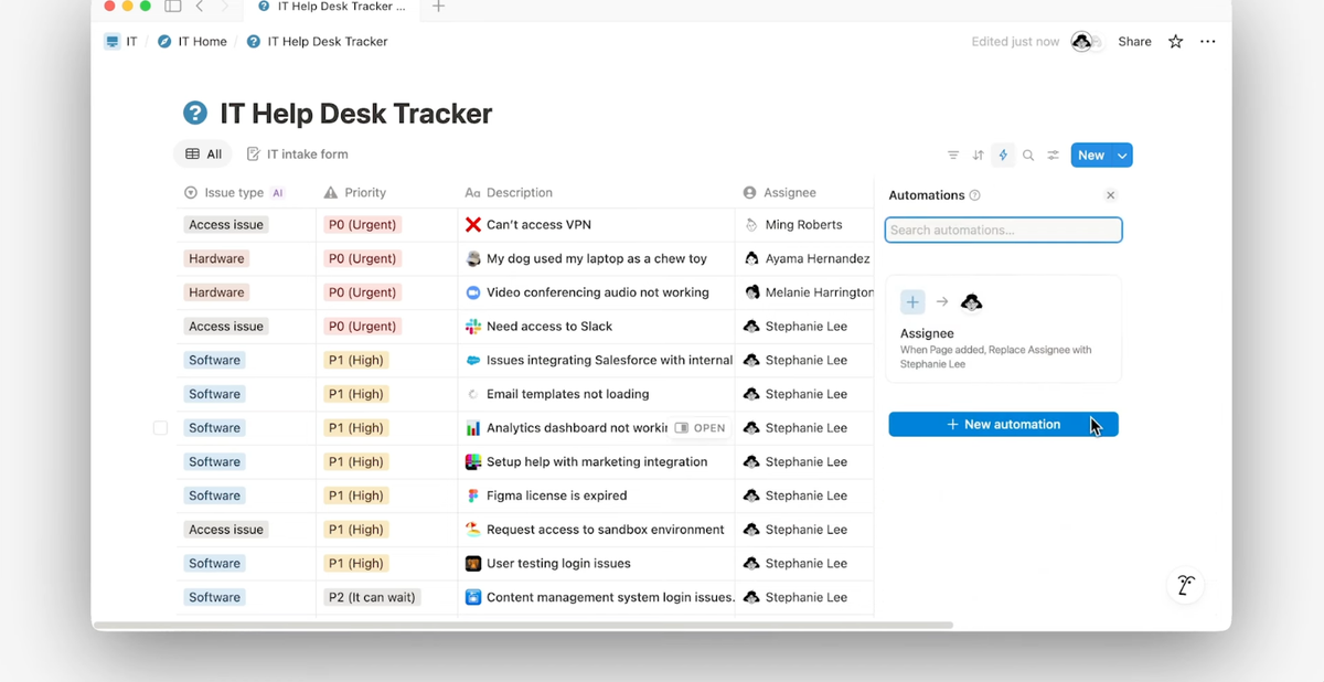 Notion automation settings showing available actions for property change triggers