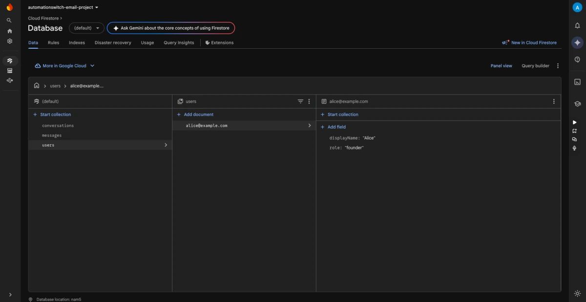 Firebase Firestore console showing a nested document collection structure with paths like users/uid/conversations/conversationId, illustrating the path-based data model that requires the agent to know the collection path up front.
