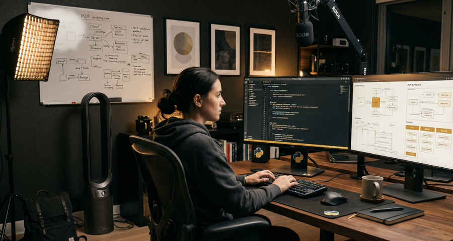 Python code editor showing a minimal MCP server with tool registration and handler functions