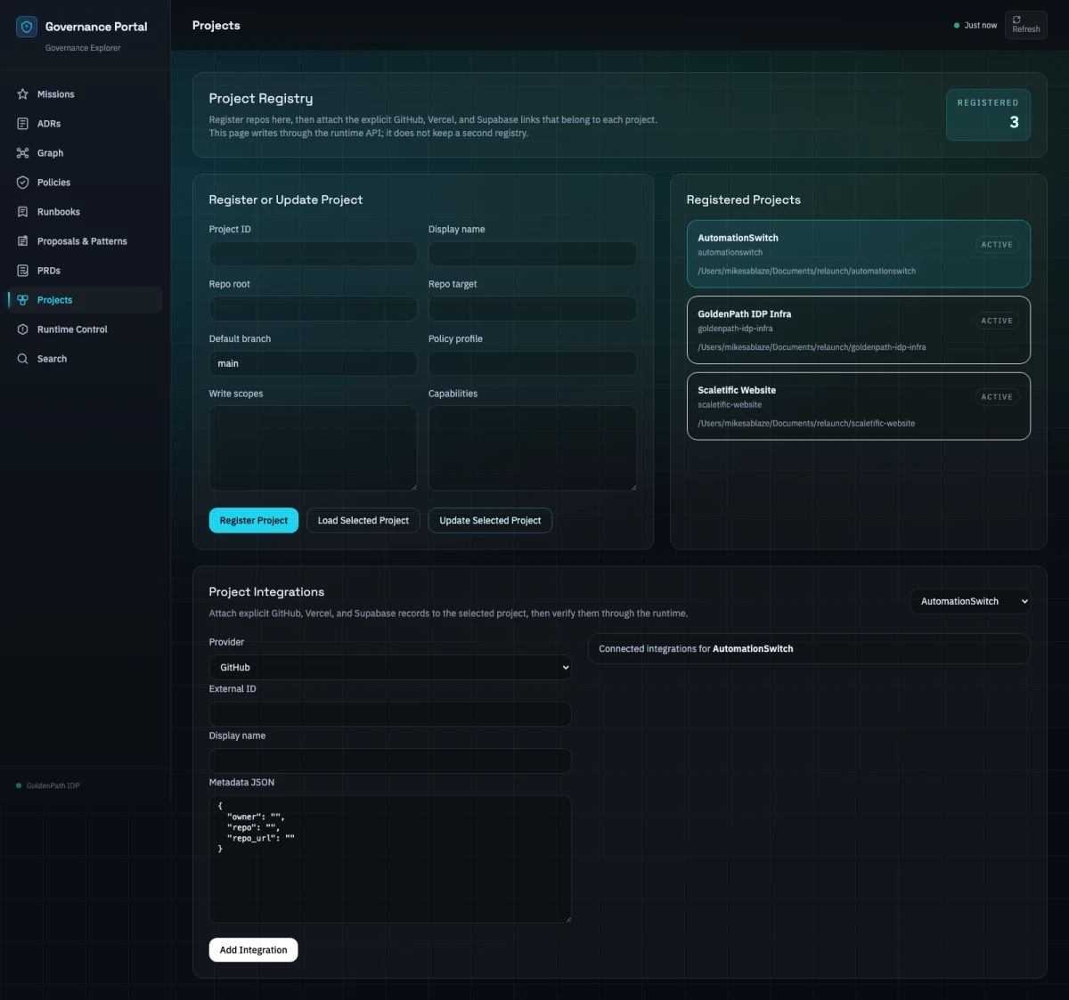 GovPort projects view showing two registered projects: goldenpath-idp-infra and automationswitch, side by side under one ledger.